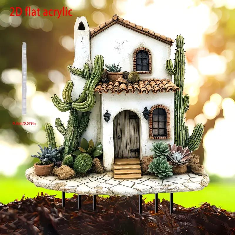 

1 piece of whimsical cactus house garden stake - perfect for flower pots and lawns, ideal home and garden decoration gift,