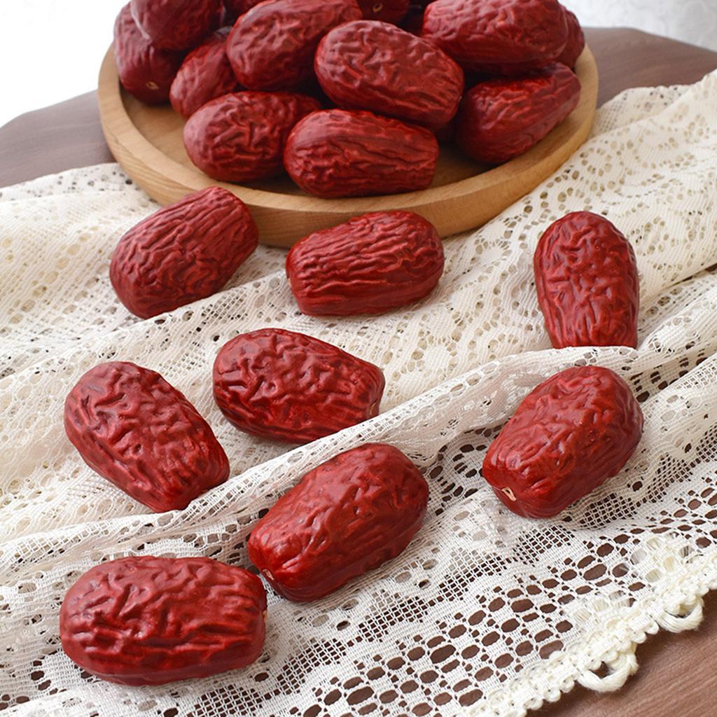 Pack of 50 Realistic Fake Jujube Dried Fruit Model Artificial Food Plastic Ornaments for Home and Holiday Decorations