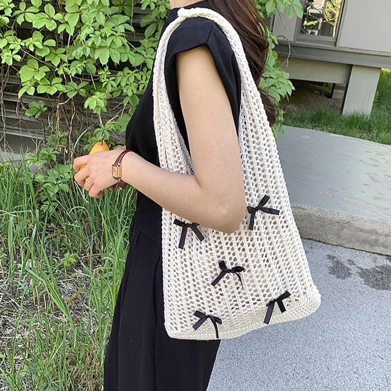 Yogodlns Bow Design Knitting Shopper Shopping Bag Female Shoulder Bags For Women Korean Fashion Soft Handbags Trend Travel Tote Bag