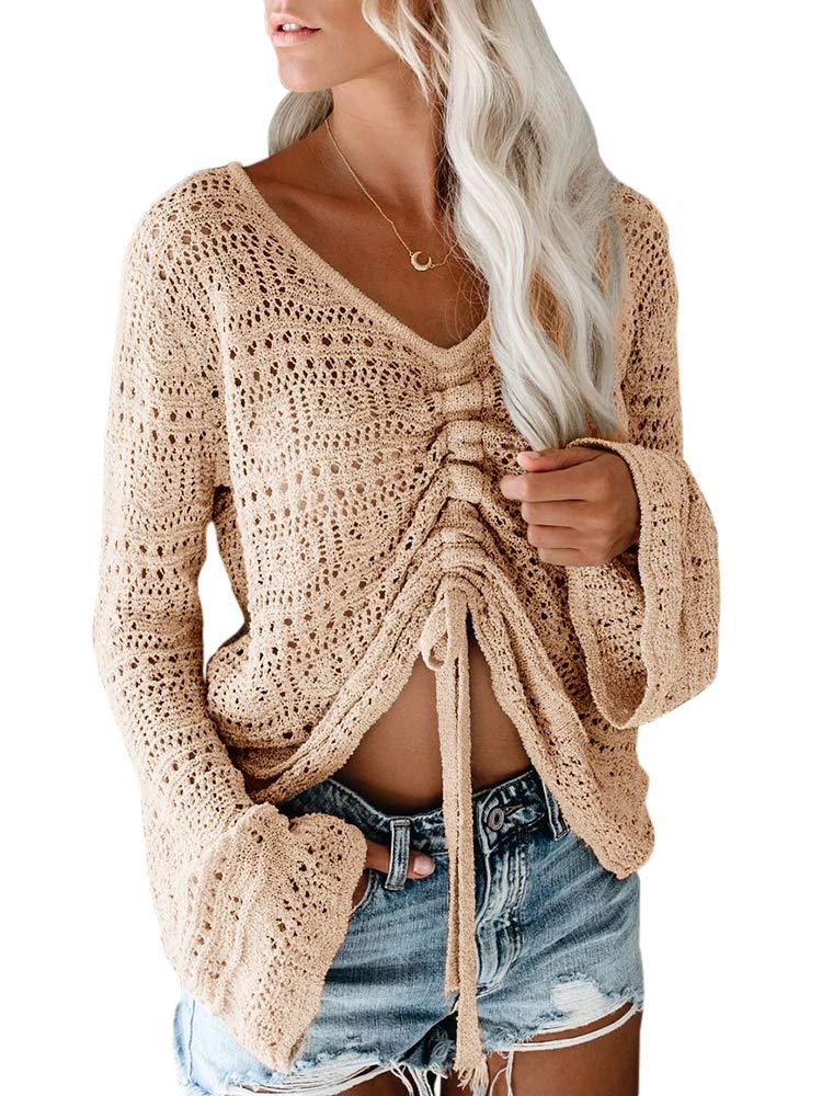 Summer Beach Bohemian Sweater Women's Strapless Hollow Flared Sleeve Drawstring Design Comfortable Knitted Undercoat Top
