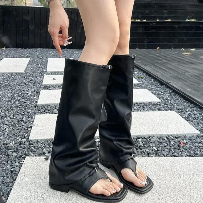 Women's Sandal Boots Toe Clip Square Toe Leaked Toes One Kick Shoes Women Dress Personality Designer Style Zapatillas De Mujer