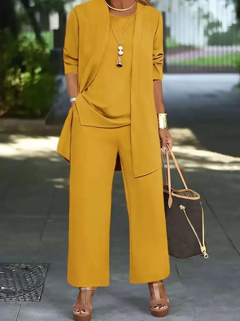 Women's Loose Fit Three Piece Outfit Set Long Sleeve Open Cardigan Tank Top High Waist Wide Leg Pants Elegant Pant Suit