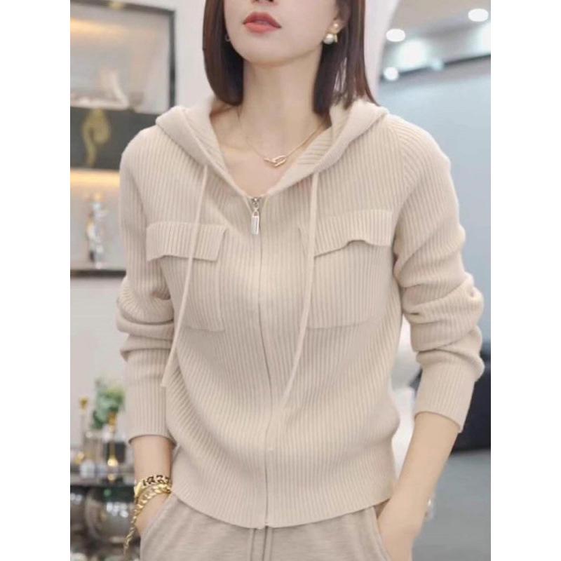 Plus Size Women s Spring 2026 Loose Hooded Knit with Zipper L хаки
