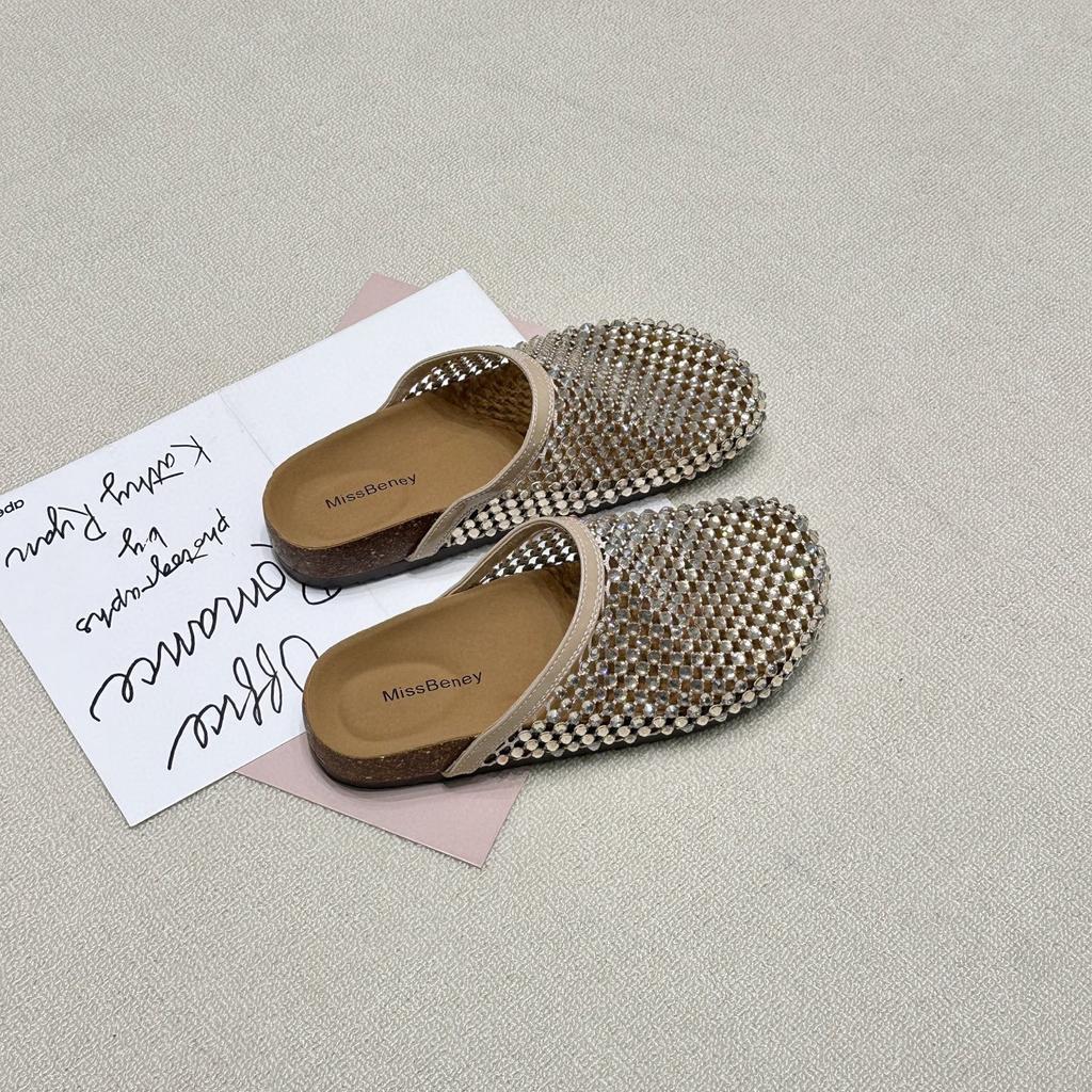 Platform Women's Shoes Niche Leather Vacation Wind Water Diamond Half Drag Women 2025 European Station Casual Mesh Woven Bag Head Drag