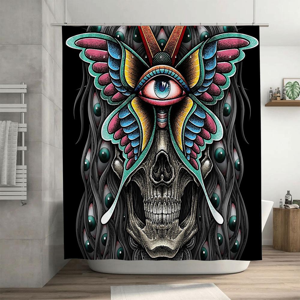Gotischer Schmetterling Duschvorhang Dunkles Totenkopf-Wandbehang Halloween Heimdekor Waschbares Badezimmer-Set Vintage Künstlerischer Wandbehang