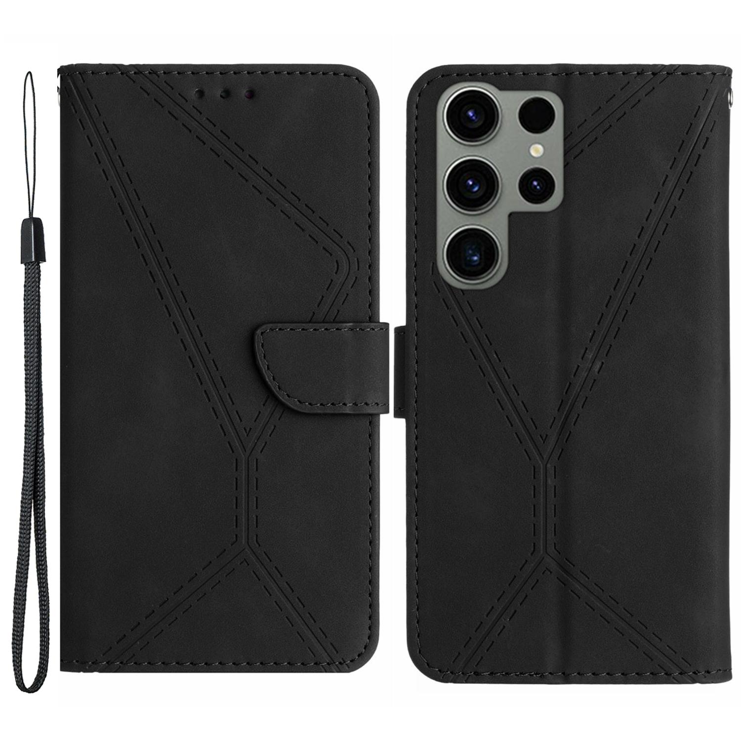 

HT05 For Samsung Galaxy S23 Ultra Phone Wallet Case Imprinted Line Leather Stand Phone Cover Black