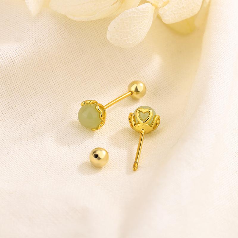 S925 Silver Hetian Jade Stud Earrings For Women Screw Back Minimalist Fresh Elegant Jewelry Gift