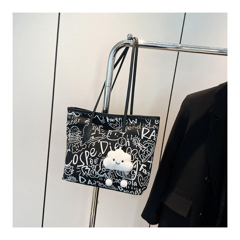 Chic 2026 Graffiti Print Faux Leather Tote Bag for Women, Spacious Casual Shoulder Handbag, Trendy Daily Commute Underarm Bag CLE