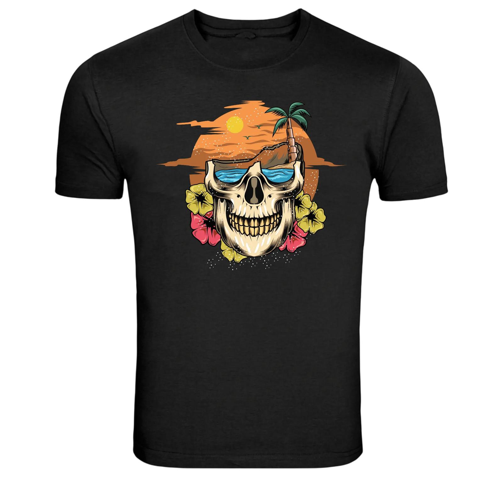 Skull Sunglasses Tropical Island Sunset Graphic T-Shirt S