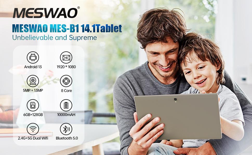 MESWAO B1 14,1" Tablet, 14,1 Zoll 1920*1080 IPS-Bildschirm, MTK6769 8 Kerne, 6 GB RAM 128 GB ROM, Android 13, 13 MP+5 MP Kamera, 10000 mAh Akku