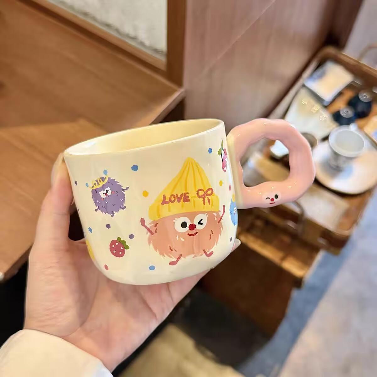 Mug Cute new ceramic cup with lid and spoon High value water cup Couple home coffee Breakfast cup 300ml