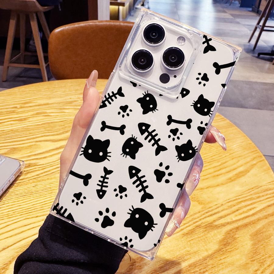 Simple and Creative Cute Fish Cat Claw 14 Plus 13 Pro Max 12 11 Rectangular Right Angled Straight Edge 15 Transparent Phone Case for Iphone 16 Promax