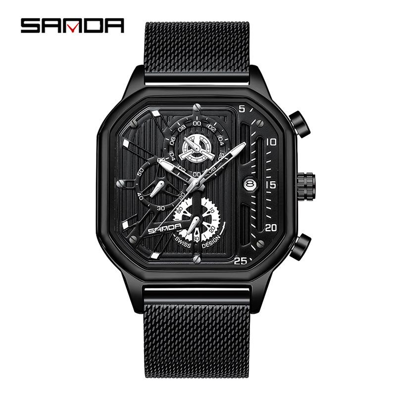 Sanda Men s Waterproof Chronograph Quartz Watch with Six-Hand Square Calendar