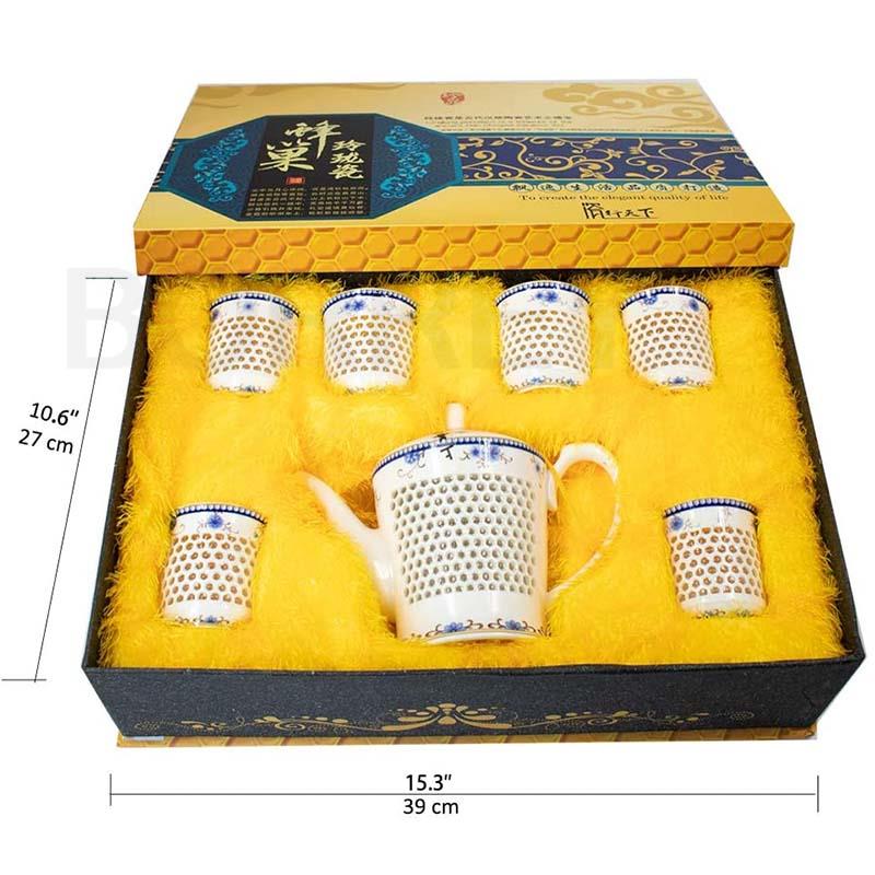 BORREY Ceramic Grain Porcelain Tea Set 1pot6Cups In Gift Box Ling Long Devil's Work Floral Kung Fu Teapot Puer Oolong Tea Kettle