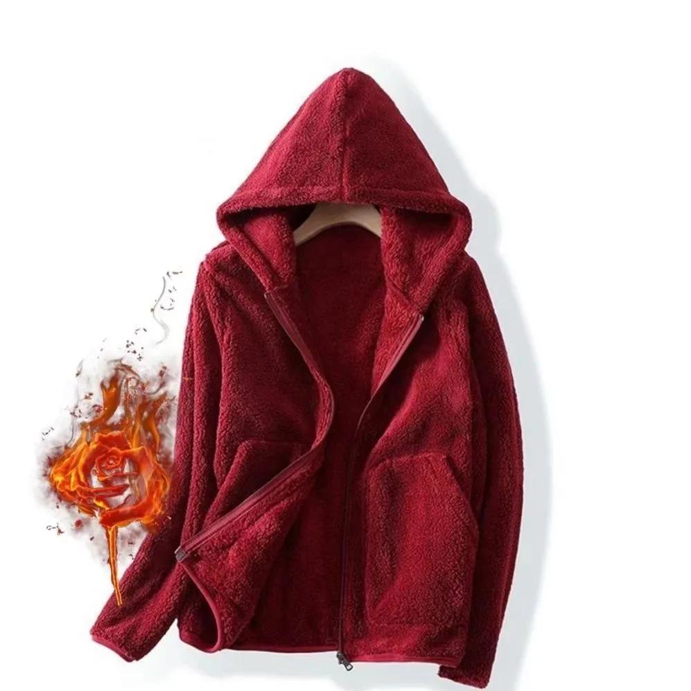 Women Autumn Winter Casual Loose Hooded Fleece Jacket Long Sleeve Zipper Simple Warm Sportswear