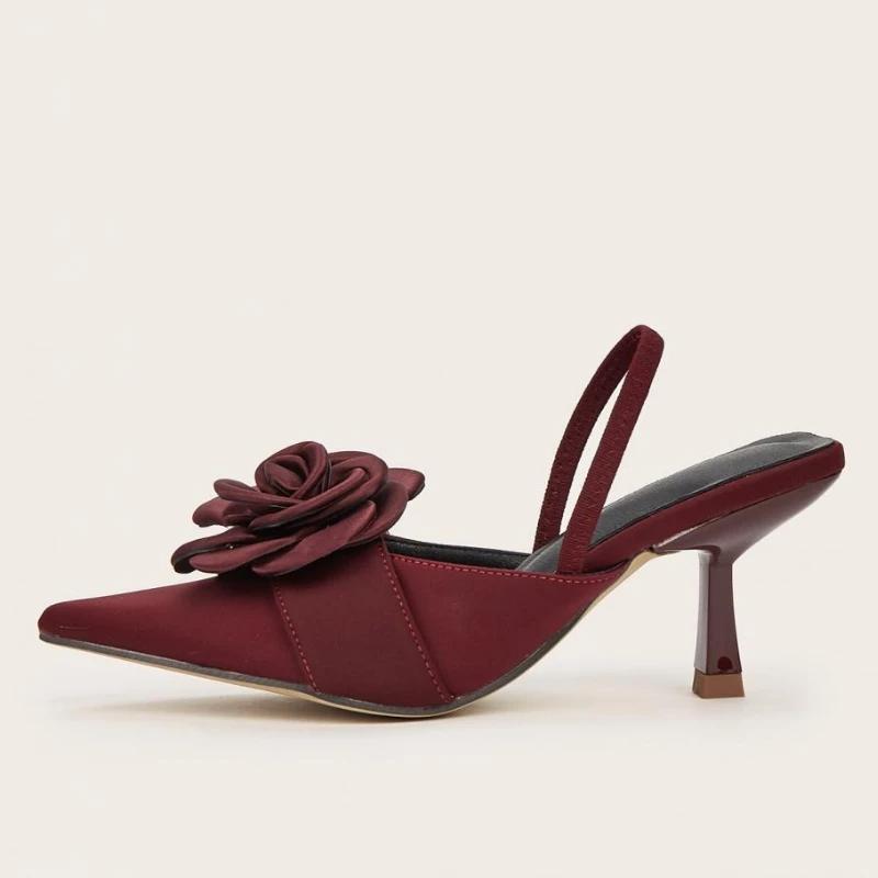 

Fashion Burgundy Satin Flower Design High-heeled Sandals Women Fashion Pointed Toe Slingback Dress Shoes Elegant Wedding Bridal Shoes 43 бордовый