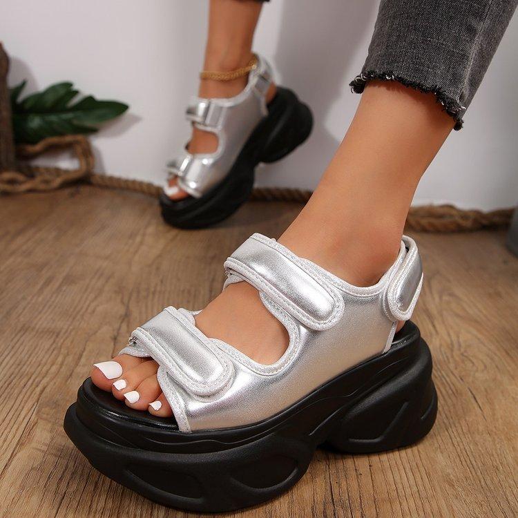 New casual sandals muffin Velcro large size foreign trade platform sandals denim women's shoes
