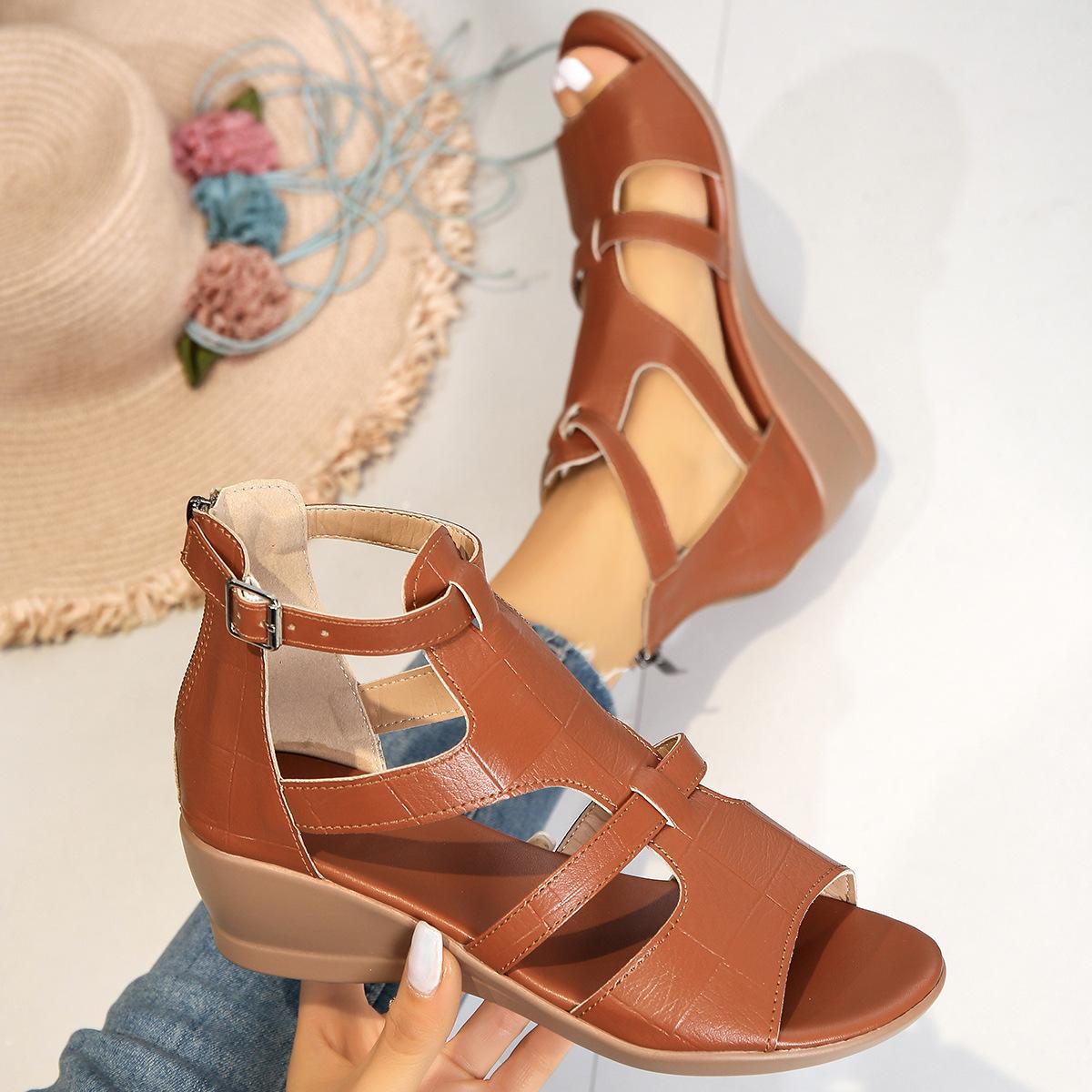 

2026 Summer Black Large Size Belt Buckle Wedges Sandalias De Mujer Fish Mouth Open Toe Back Zip Casual Flat Roman Shoes Heels 36 светло-коричневого