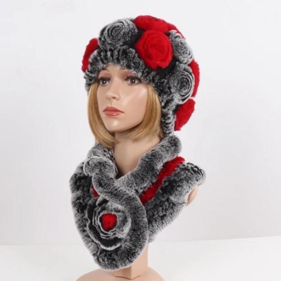 Нові Жіночі Зимові Хутряні Шапки Шарфи Набори Натуральні Теплі Справжні Шапки з Хутра Кролика Рекс Шарфи Леді В'язані Шапки з Натурального Хутра Шарф