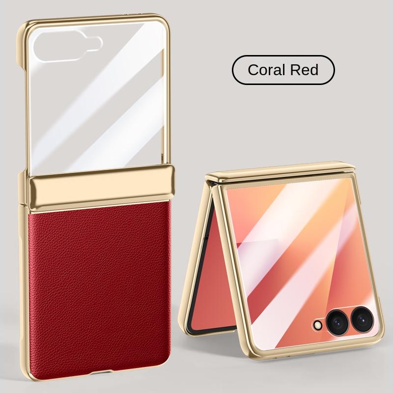 

For Samsung Galaxy Z Filp 7 Plain Leather Electroplating Hinge HD Tempered Glass Film Drop and Slip Anti Slip Phone Case For Galaxy Z Flip 7