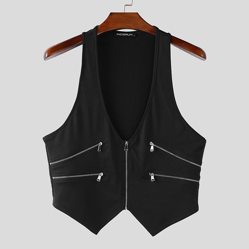 INCERUN Men Deep V Neck Sleeveless Zip-up Irregular Casual Tank Tops Waistcoat