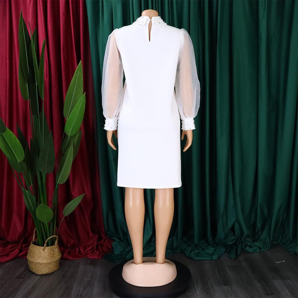 YYFS Damenmode Frühling Herbst Einfarbig Druck Langarm POLO Hals Lose Taille Casual Kleider