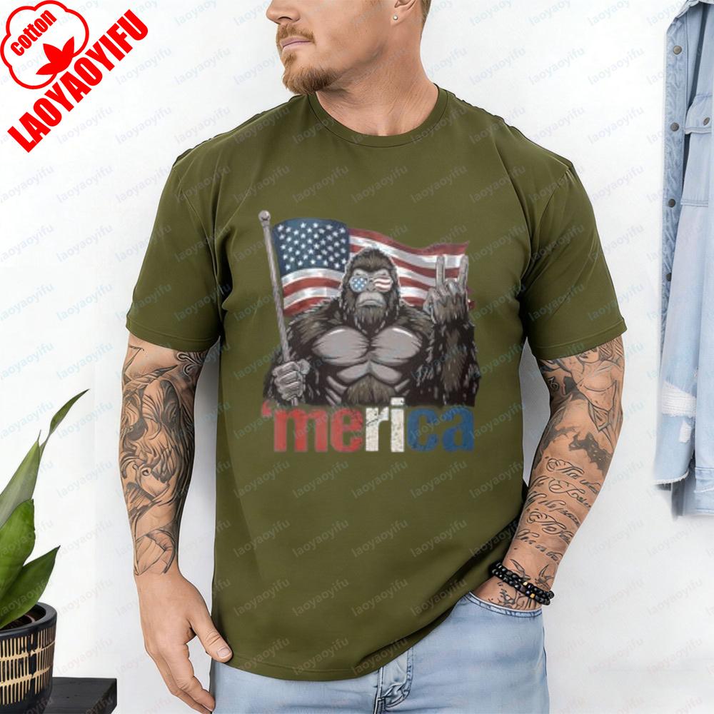 4th of July TShirt Gorilla American Flag Design Tops Patriotic Heritage Cotton Tee Funny Vintage Classic Fashion Man Streetwear