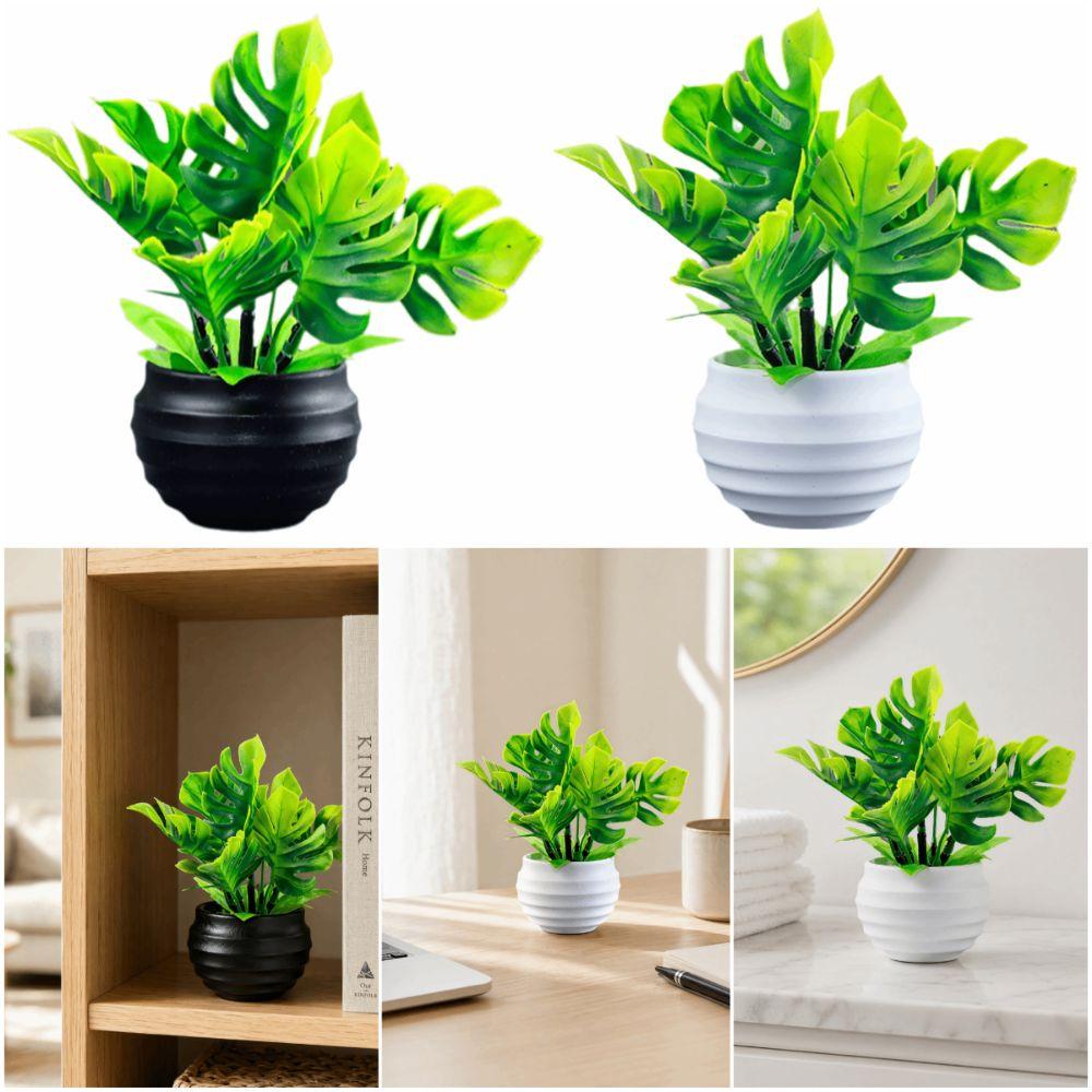 with Flowerpot Monstera Leaf Artificial Plant Green Leaves Simulation Green Plant  Desktop Ornament