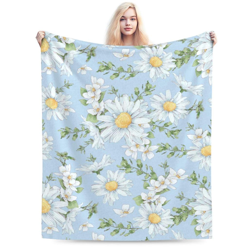 VIKAMA Healing Daisy Blanket White Flowers Green Plants Print Cozy Decor for Bedroom Sofa Naps Machine Washable