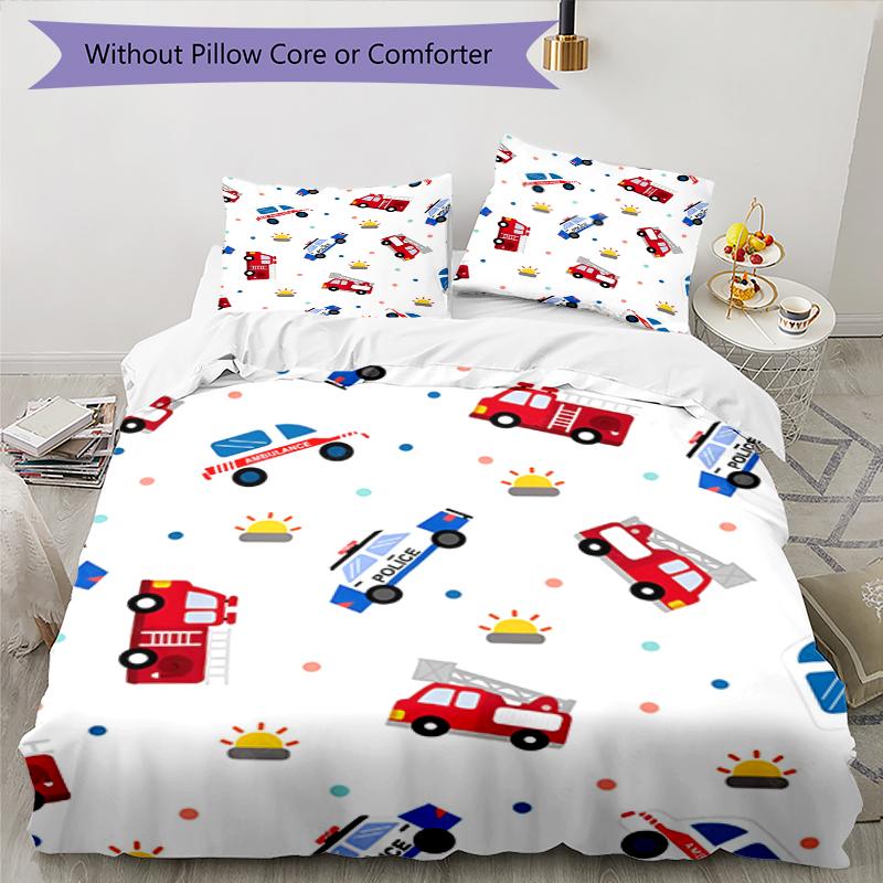 3pcs fire trucks police cars Bedding Set Duvet Cover Closure Includes 1 Duvet Cover & 2 Pillowcases, Soft and Comfortable for All Seasons.