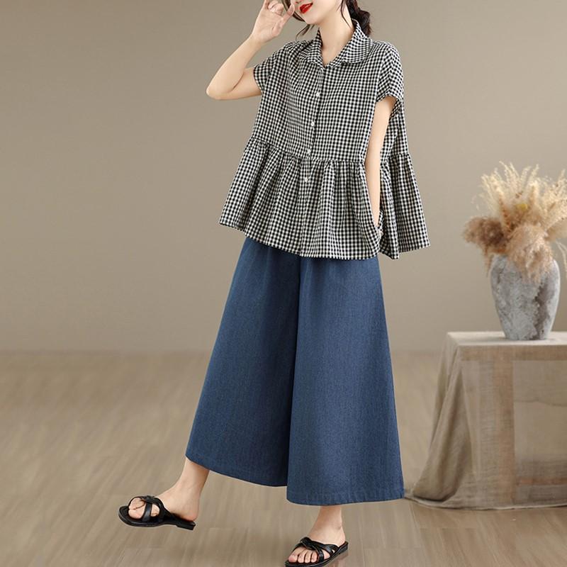 Short Sleeve Oversized Vintage Plaid Shirts & Blouses for Blouse Casual Loose Summer Tops Women Button Up Shirt