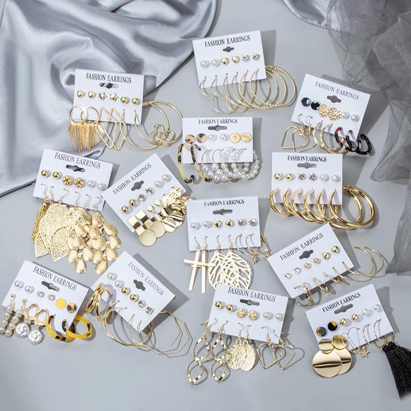 IF ME Korean Geometric Tassel Earring Set Simple Retro Leaf Heart Gold Earrings Jewelry Accessories