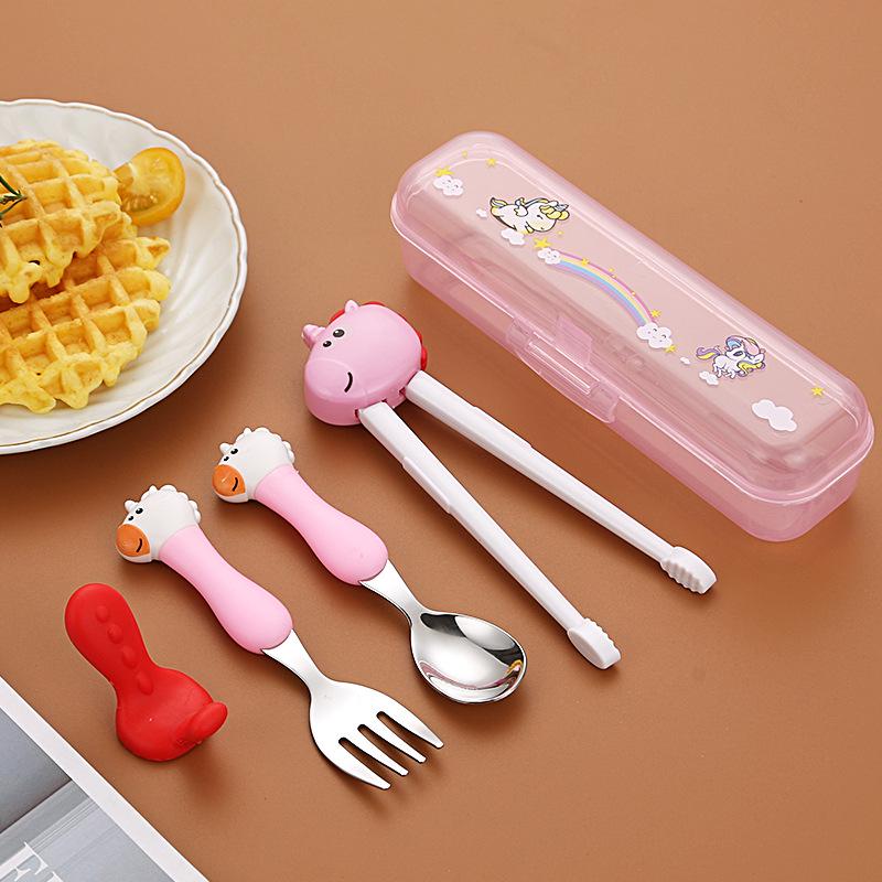 304 Stainless Steel Baby Tableware Set - Includes Spoon, Fork, Anti-Fall Cute Cartoon Chopsticks for Kids