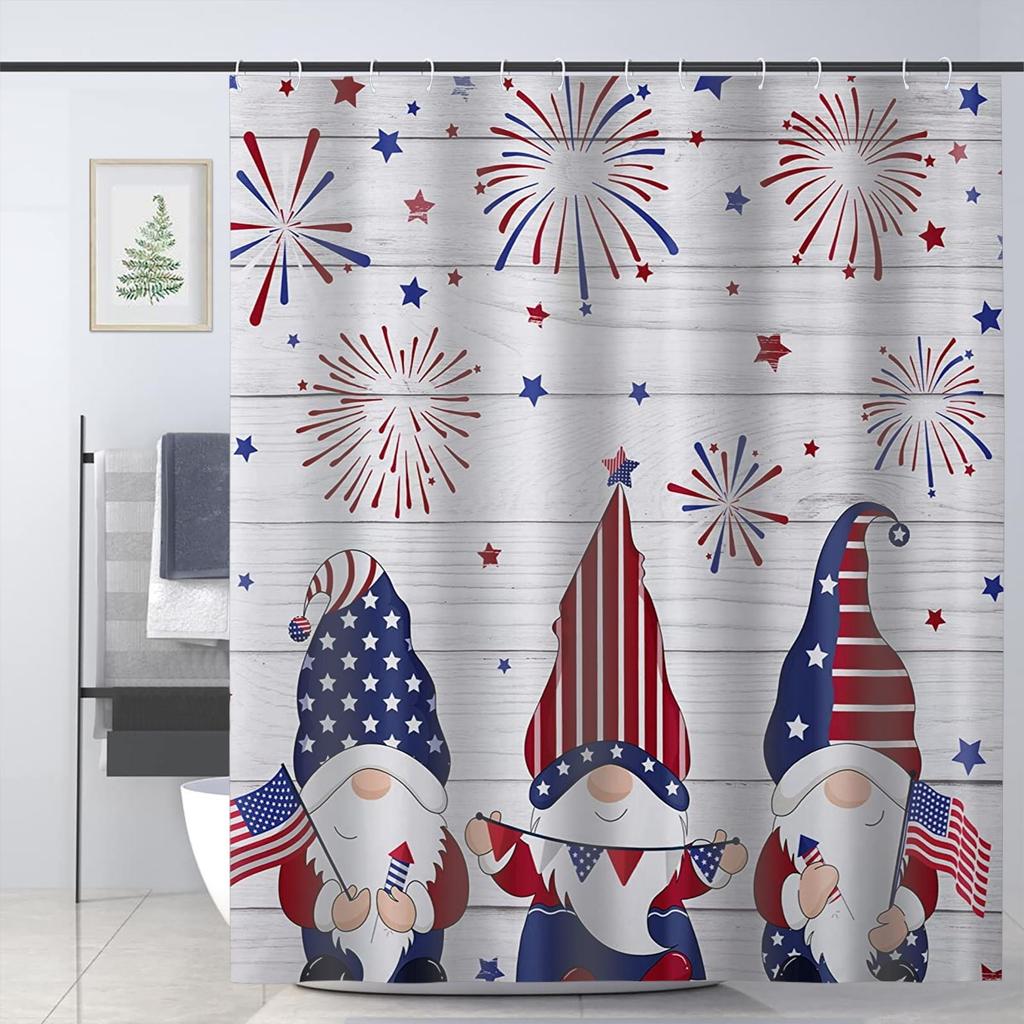 Patriotic Gnomes & Fireworks Waterproof Shower Curtain - Festive Design for a Cheerful and Patriotic Bathroom Decor