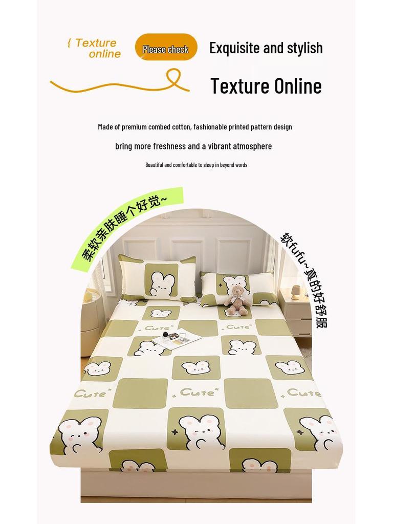 Pure Cotton Cartoon Print Fitted Sheet & Solid Color Mattress Protector Three-Piece Set