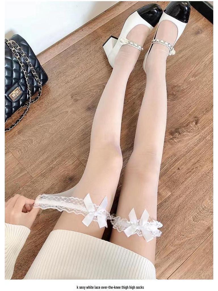 Women's Black Silk Knee-High Socks with Lace Bows - Spring/Autumn Ultra-Thin Sexy Stockings