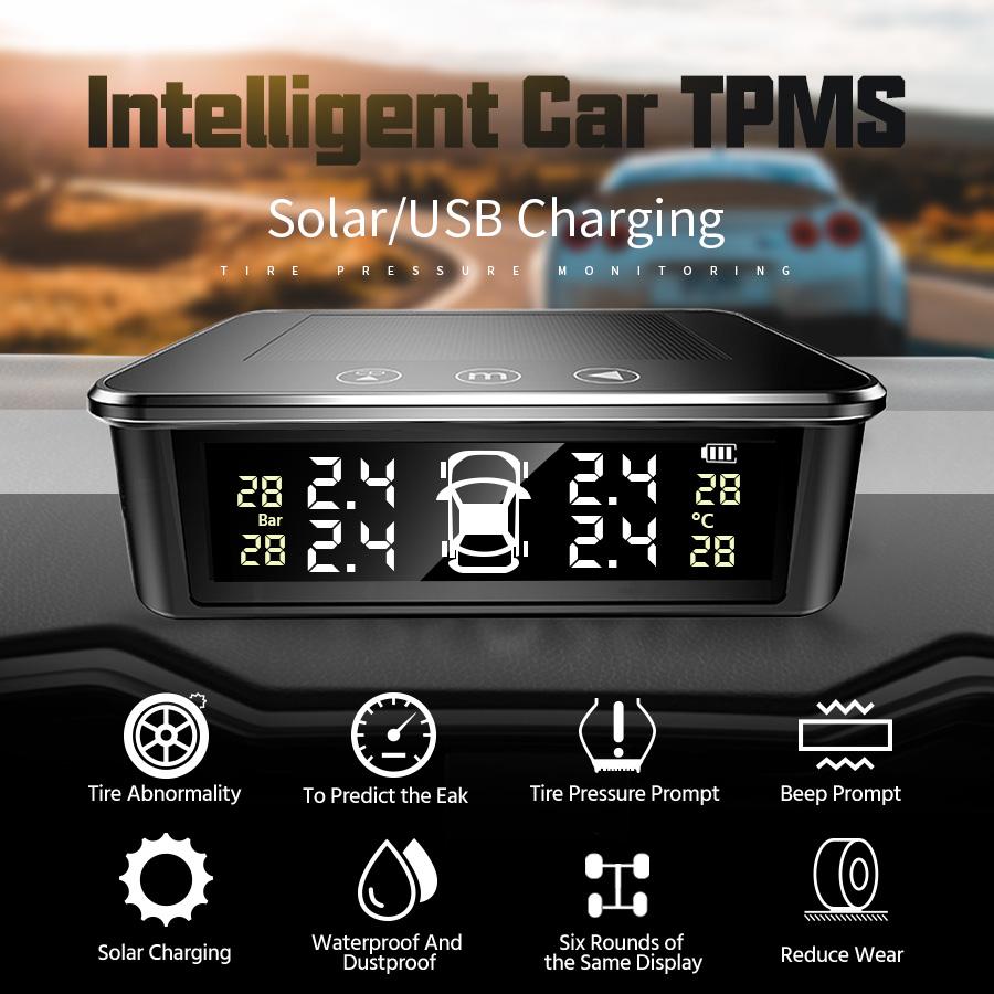 Solar TPMS Tire Pressure Monitor System Low Pressure And High Temperature Alarm LCD Display Easy Installation For Cars SUVs