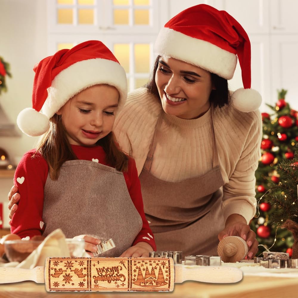 Christmas Wooden Embossed Rolling Pin,Used As Pastry Baking Tool,Rolling Pin with Elk, Snowflake Patterns for Cookies Handicraft
