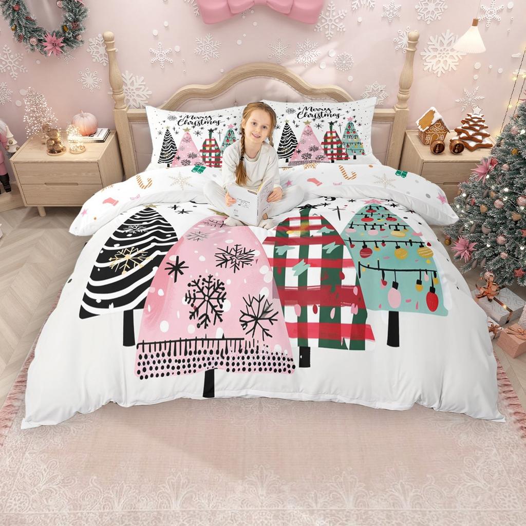 Homewish Kawaii Lebkuchen Bettbezug-Set für Mädchen Jungen, Weihnachtsbaum Weihnachtsmann Bettdeckenbezug-Set, Schneeflocken Bettwäsche-Set