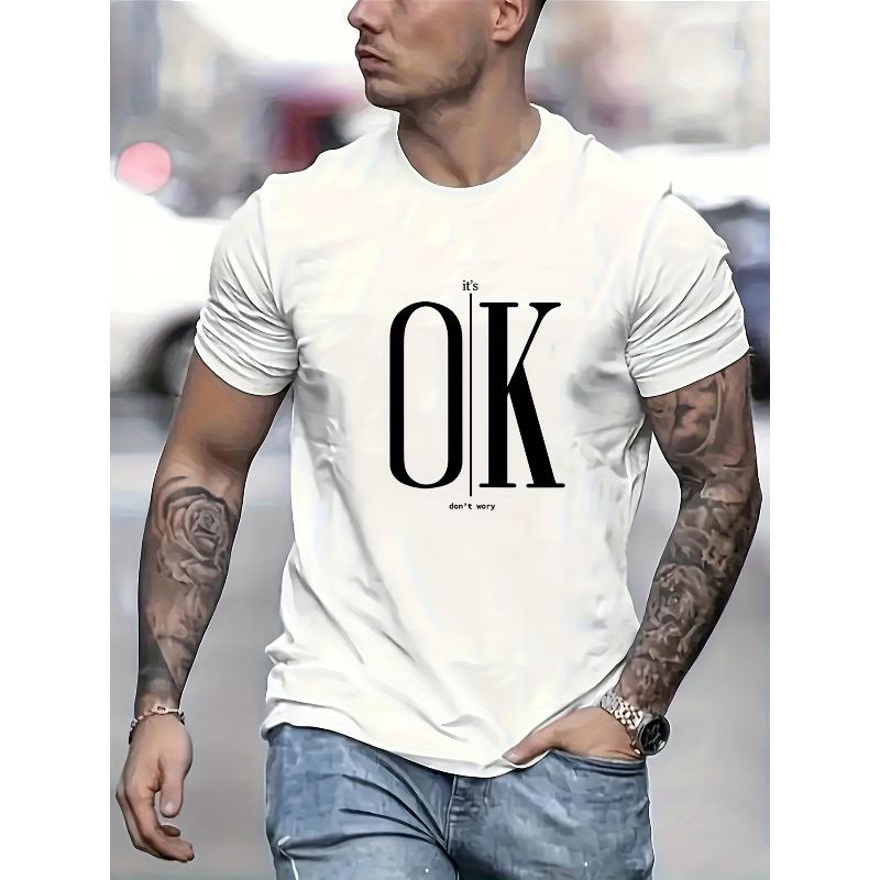 European sizes OK Graphic Print Men's Creative Top, Casual Short Sleeve Crew Neck T-shirt, Men's Clothing For Summer Outdoor