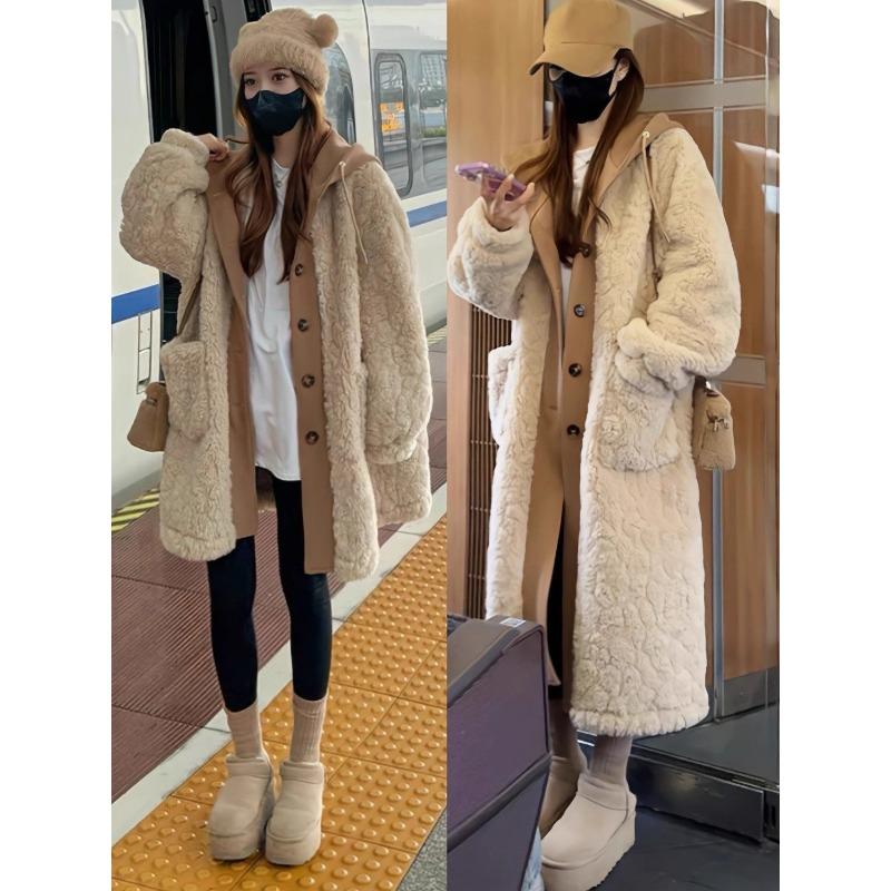 Korean Lazy Style Lamb Wool Winter Thick Warm Women Long Coat Faux Two Piece Jacket