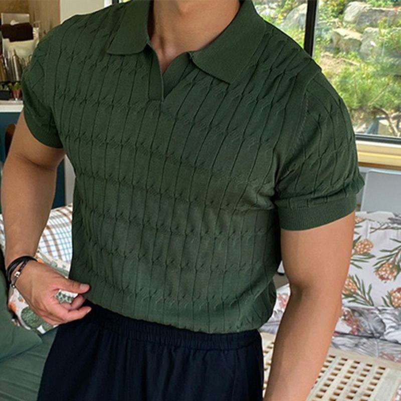 Men's Knitted Jacquard Polo Shirt Casual Stripe V Neck Solid Color Short Sleeve T Shirt Breathable Light Luxury Clothing