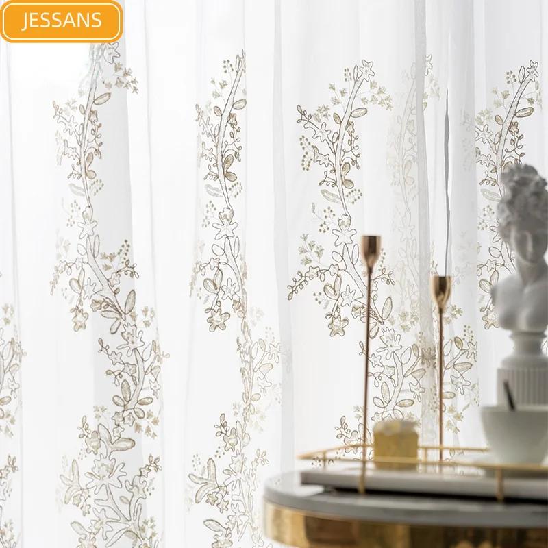 Franse Lichte Prinses Borduurwerk Hol Gaas Kant Scherm Gordijnen voor Woonkamer Slaapkamer Erker Maatwerk W100cmxH250cm 1PC&Grommet Top