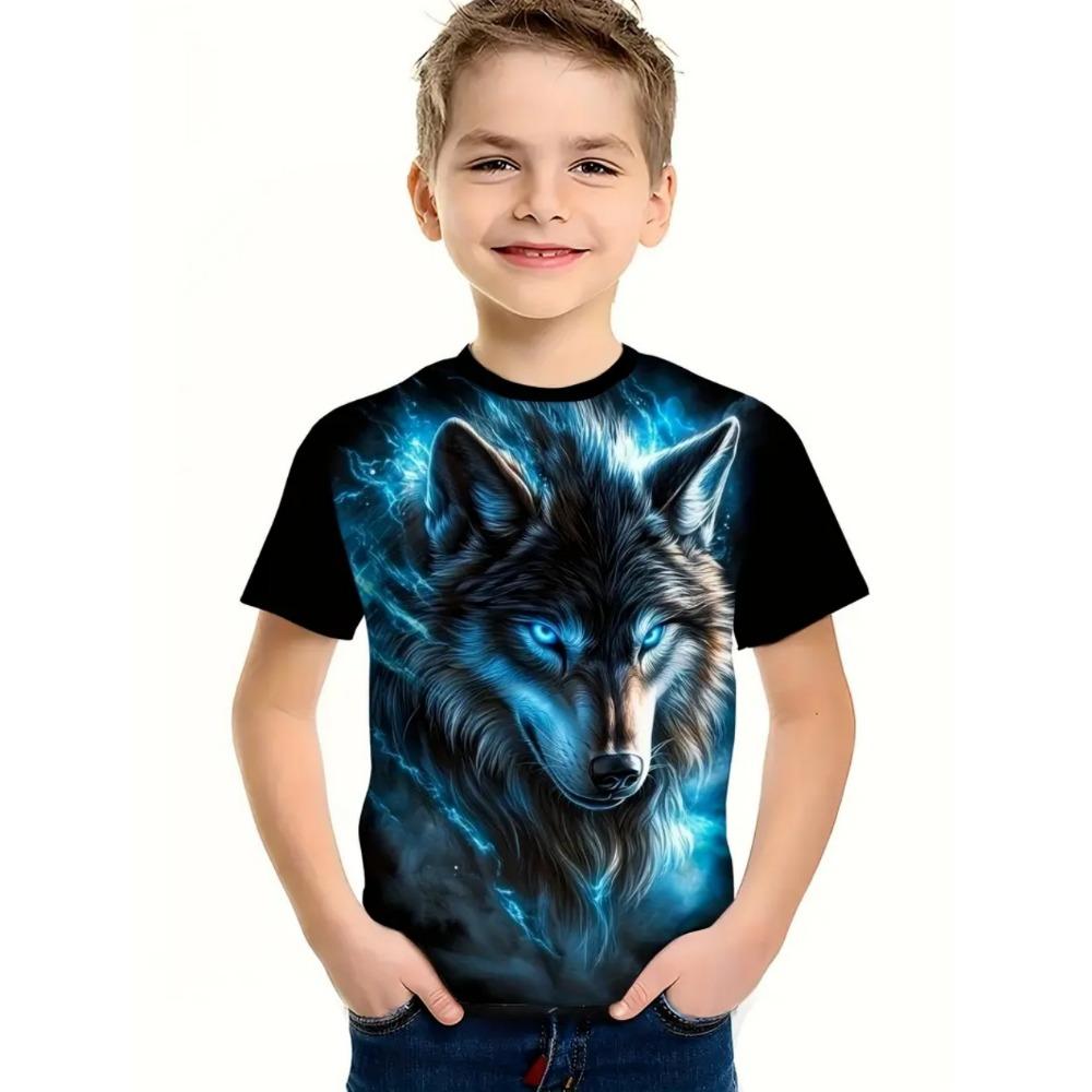 Cool Wolf Boy T-Shirt Tiger 3D Print Kids Short Sleeves Casual Comfortable Boys' Top Tees Outdoor Breathable Lightweight Clothes