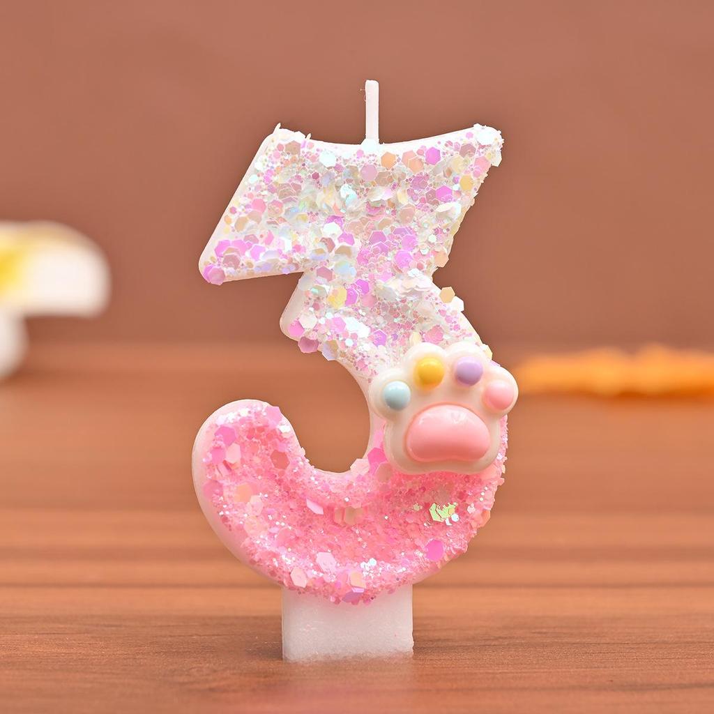 Digital Pink Cat Paw Birthday Candle with Color Sequins Cake Topper Decoration