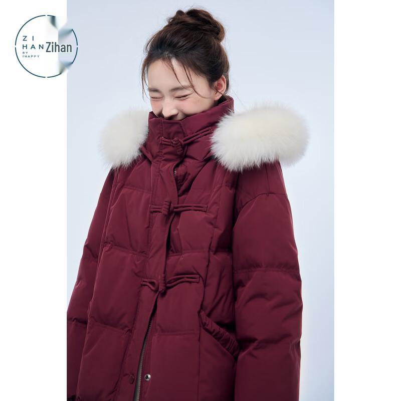 ZIHAN Women s Mid-Length Hooded Down Coat with Faux Fur Collar M