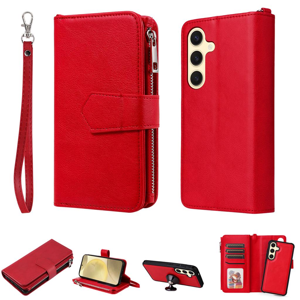 For Samsung Galaxy S25 Magnetic Leather Case Mobile Cover with Detachable Zipper Wallet Strap