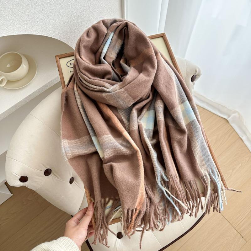 Autumn and Winter Warm White Scarf Women's Thickened Atmosphere Scarf Student Imitation Cashmere Plaid Fringed Shawl