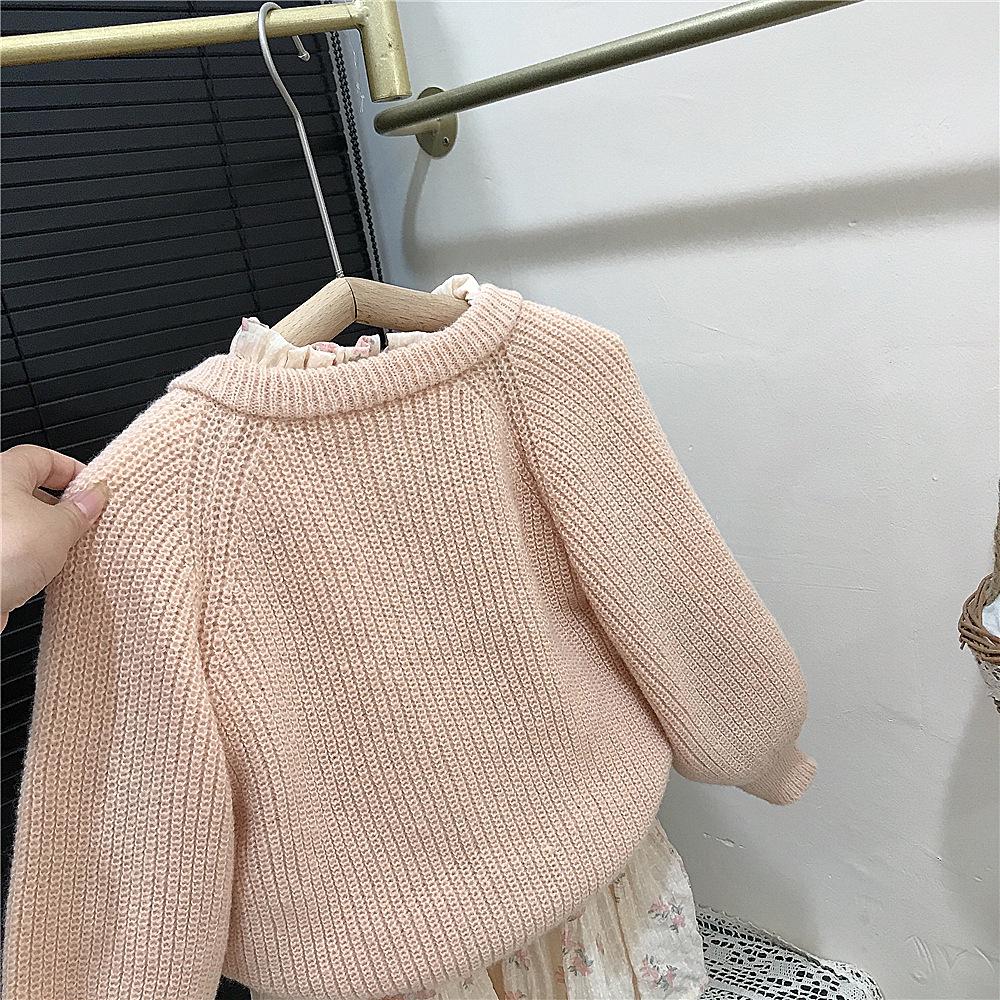 Kids' Korean Mohair Bubble Sleeve Knitted Cardigan & Floral Stand Collar Dress