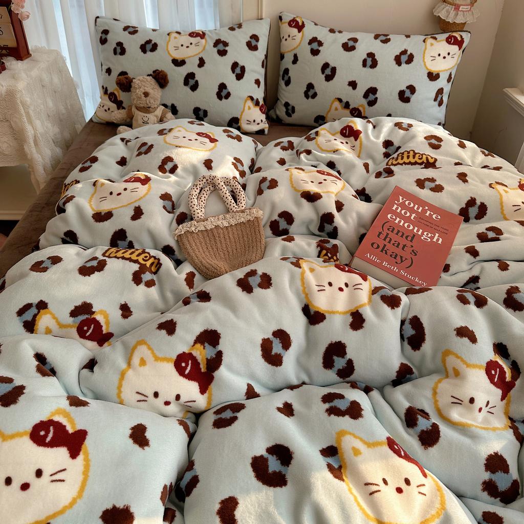 Cartoon Cute Double-Sided Fleece Thickened Milk Fleece Four-Piece Set, Student Dormitory Three-Piece Set, Bedding